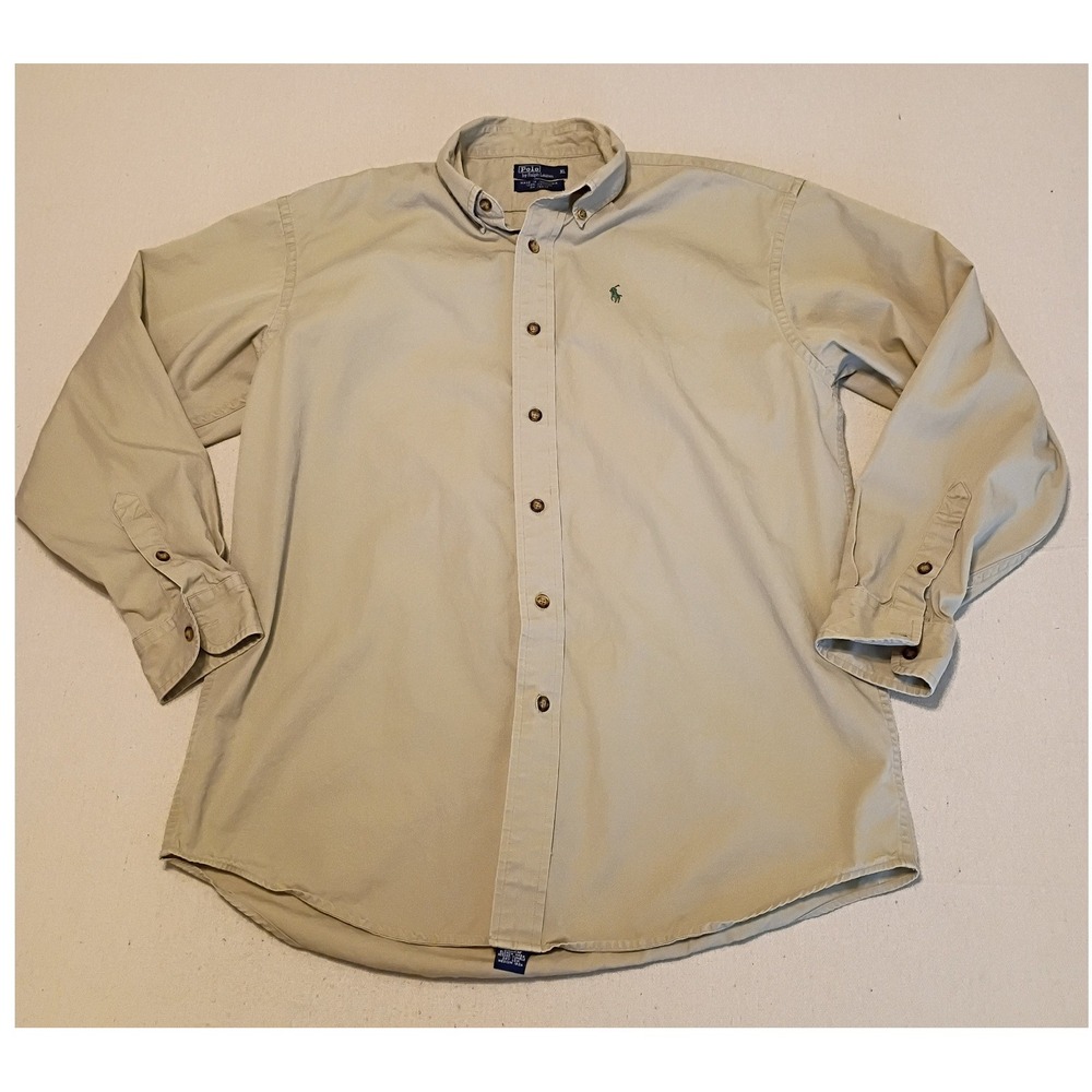 Polo Ralph Lauren Mens XL Tan Khaki Cotton Twill Button Down Shirt Green Pony